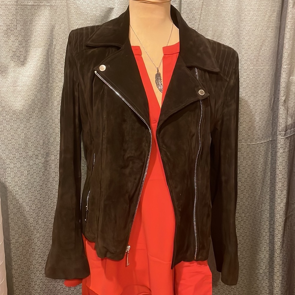 Like New BCBG leather Moto Jacket, genuine suede, Size L